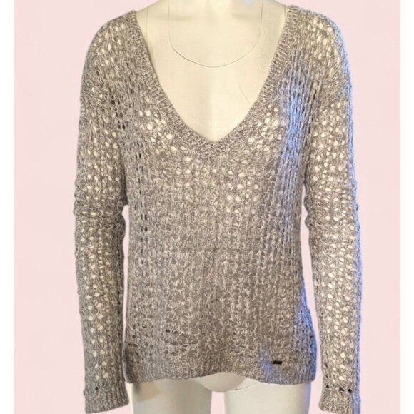 Hollister Gray Crochet Open Knit V-Neck Long Sleeved Pullover Y2K Sweater XS - Picture 1 of 7
